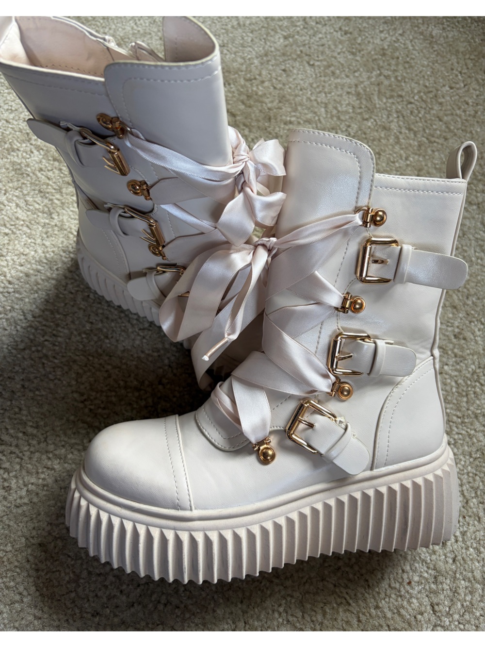 Vivianly Women's Cream Platform Lace-Up Lolita Combat Boots with Gold Hardware